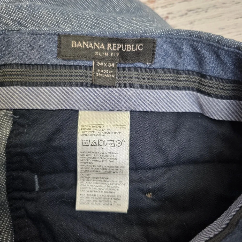Banana Republic Pants Mens 34x33 Blue Linen Blend Flat Front Dress Trouser Slim‎